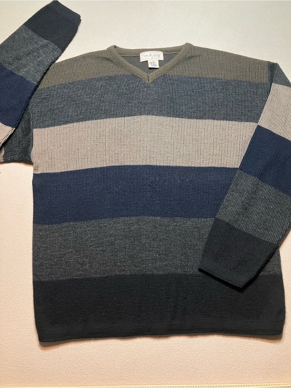 Vintage Murano Sweater Men’s Medium Striped V Neck Earthy Knit Pullover 90s Y2K